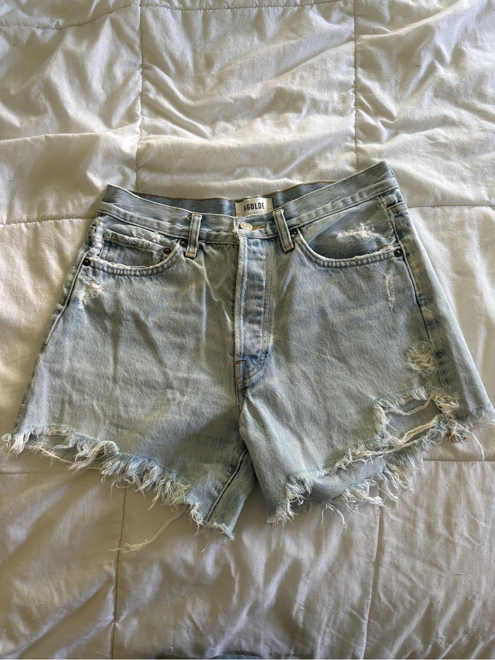 AGOLDE Parker Long Jean Shorts Distressed Light Wash